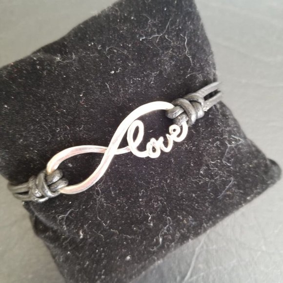 Sterling Silver Love Infinity Genuine Black Leather Handcrafted Cord Bracelet - Picture 3 of 9